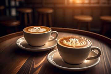 Romantic Coffee Date with Two Cappuccinos and Latte Art on Wooden Table
