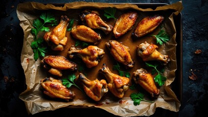 Baking sheet of roasted chicken wings featuring space for text.