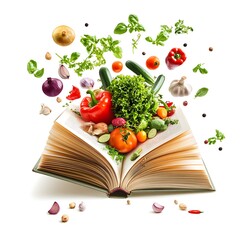 Floating Cookbook with Produce Vegetables isolated on white background