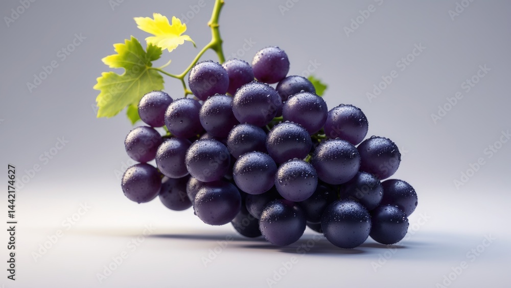 Poster white background with isolated grape and clipping path, wine grape with leaves set apart on white.