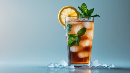 Fototapeta premium A flavorful glass of iced tea set against a bright background