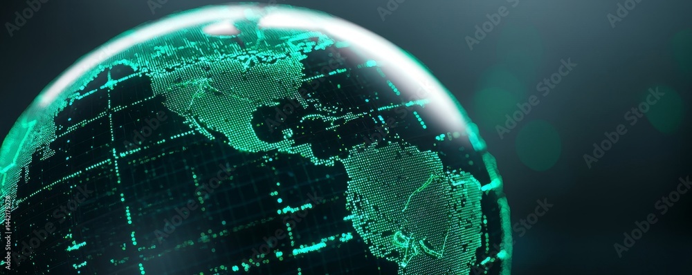 Poster glowing digital globe with a network design on a dark background.