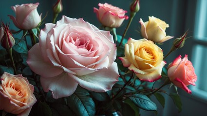 Rose petal highlights, a romantic floral setup composed of roses, showcasing natural and artificial light in a vase, home ambiance