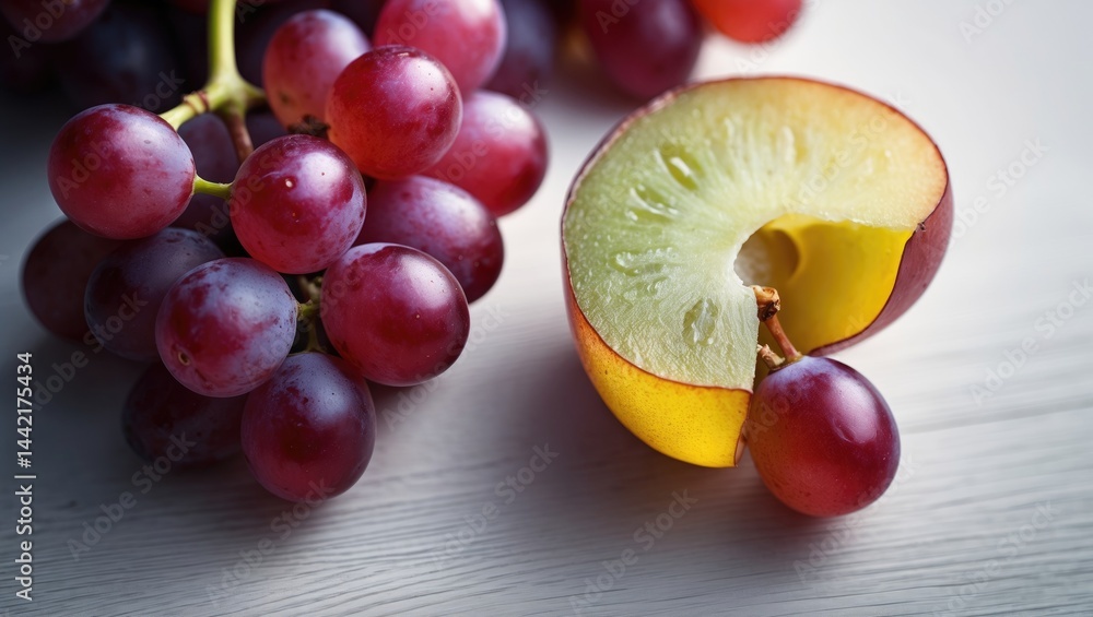 Poster Macro perspective of one halved grape berry resting on a wood table.