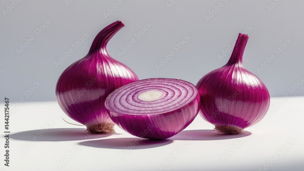 Poster Half and sliced onions isolated in a macro studio shot on a white background, clipping path