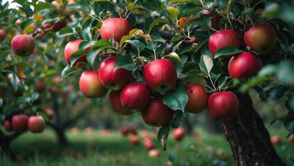 Ruby apple variant on the fruiting tree - malus Domestica in the forested garden.