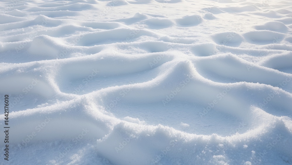 Poster Texture of natural snow. The snow's surface layer. Ground with snow. Winter setting showcasing snow patterns. Close-up view from above.