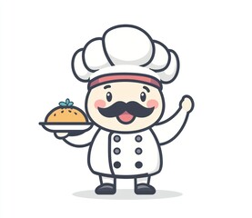 Cartoon chef presenting dish, cheerful expression, food service illustration, for child friendly recipes