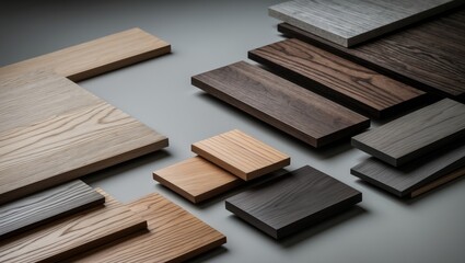 Selection of wood textures for furniture and flooring samples. Close-up interior material design samples. Laminated, veneer, and engineered wood flooring samples.