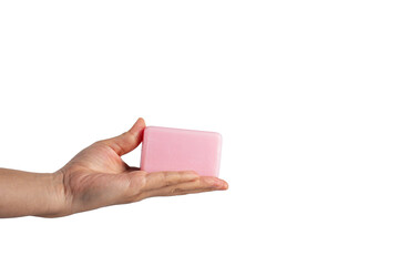 Pink soap in hand on transparent background
