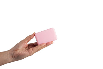 Pink soap in hand on transparent background