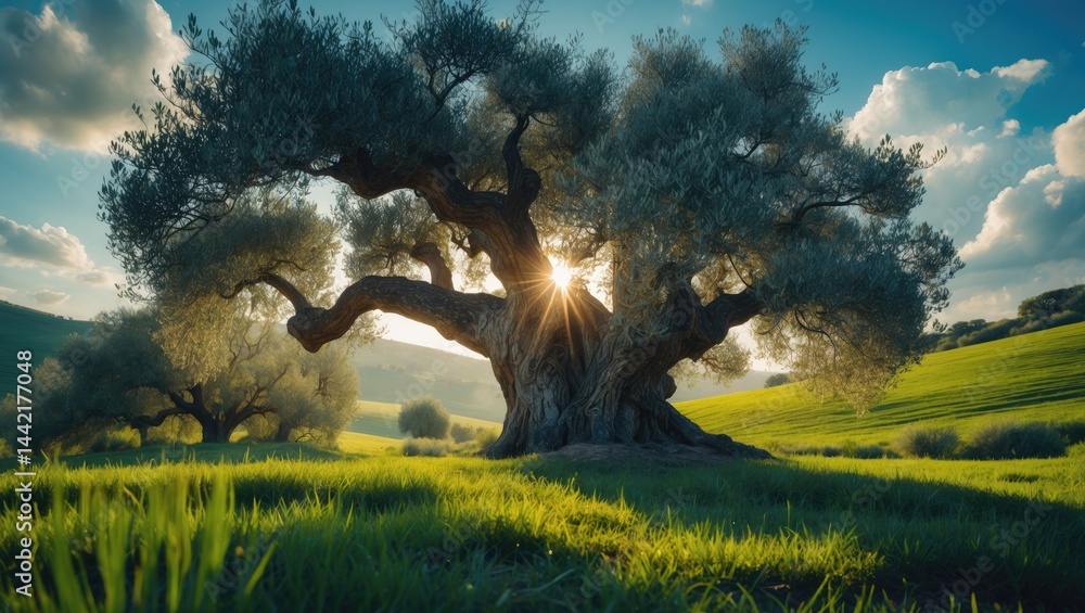 Poster nature and farming display with olive tree and green grass.