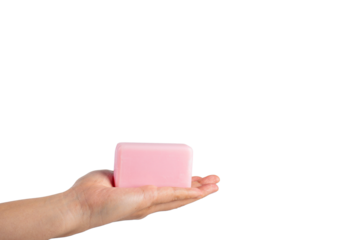 Pink soap in hand on transparent background
