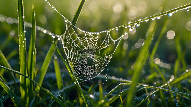 spider web with dew drops, morning dew on the grass, dew on the grass