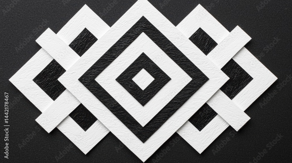 Poster abstract geometric design with black and white squares and lines forming a diamond pattern.