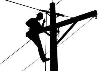 Silhouette utility worker maintaining power lines on white background vector graphic, silhouette, utility worker, power lines, repair, maintenance, electricity, lineman, technician, electrical, hazard
