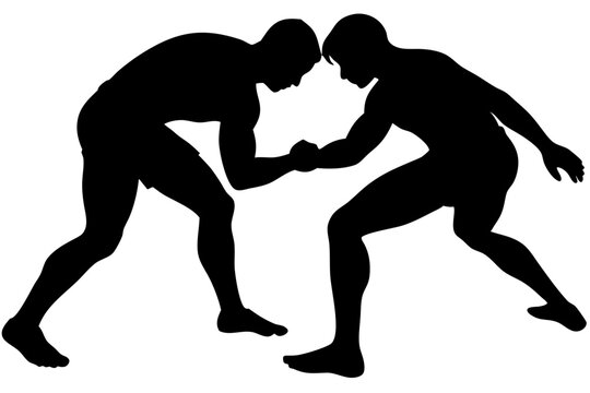 Silhouette of two wrestlers engaged in a grappling match on white, wrestling, silhouette, match, sport, grappling, competition, combat, fighter, athlete, competitive, physical, strong, action, vector