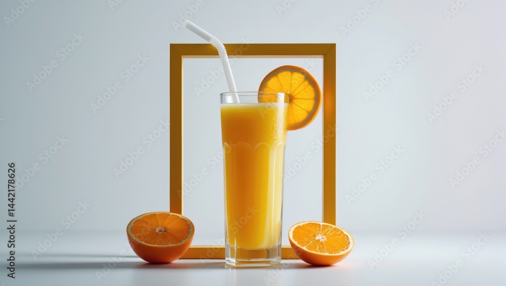Poster pure orange juice with orange slices and isolate on a white backdrop