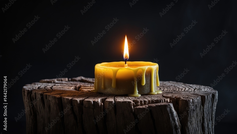 Poster candle placed on a tree stump with a black background