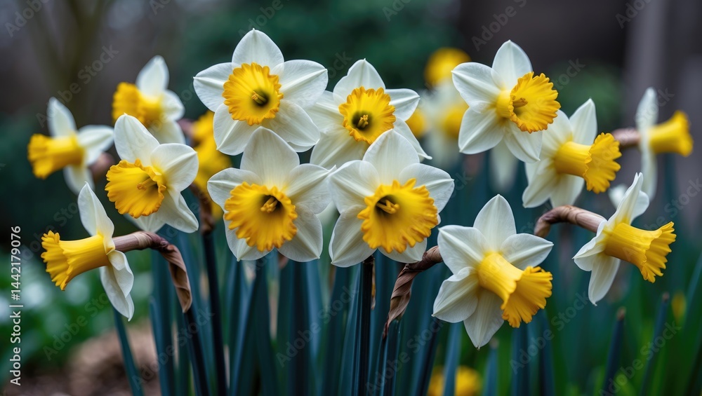Poster cheerful narcissus: detailed view of double daffodils in full bloom