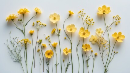Pressed yellow wildflowers on a plain white background