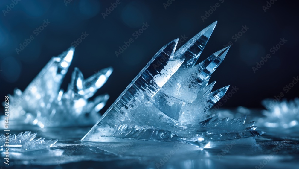 Poster close view of elaborate ice formations with beautiful crystal textures.