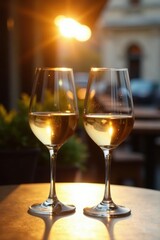 Sunlight glints on wine glasses clinking on a cafe terrace , summertime, summer