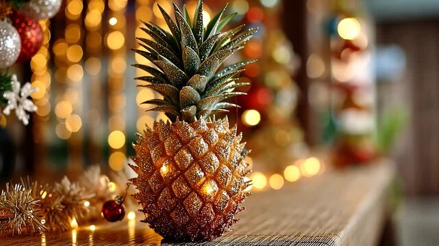 Festive pineapple decoration with fairy lights, Christmas tree bokeh
