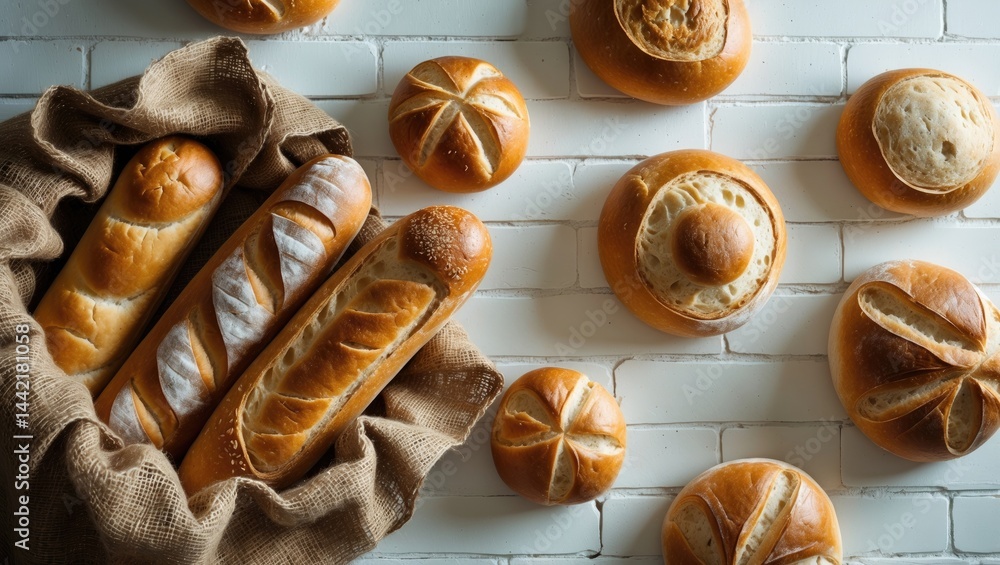 Poster Rustic bread and buns displayed on a white surface in a bakery setting, captured from above