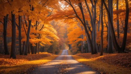 Obraz premium Colorful autumn path through the forest with golden leaves and warm light enhancing the landscape.