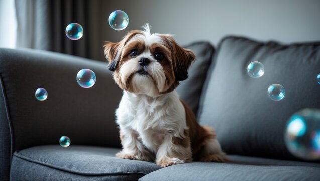 Shih Tzu aged one year sitting on the sofa alongside bubbles