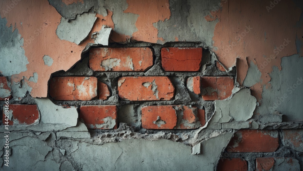 Poster brick structure with plaster remnants. wall in urgent need of repair. close-up of textured brick wal