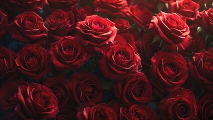 Fototapeta premium Romantic decoration with blooming bouquet on red roses background