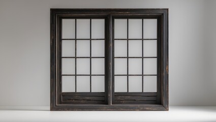 Fototapeta premium Black vintage paint on an old wooden window frame set against a background