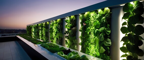 Vertical gardens lush with healthy green vegetables thriving on rooftop terraces