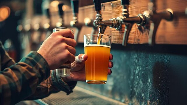 Beer being poured from tap into glass by a bartender, craft beer concept.