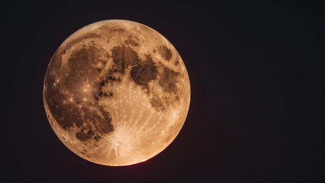 A close-up view of the glowing red full moon in a clear sky, taken from the surface with a very long telephoto lens against a dark backdrop.