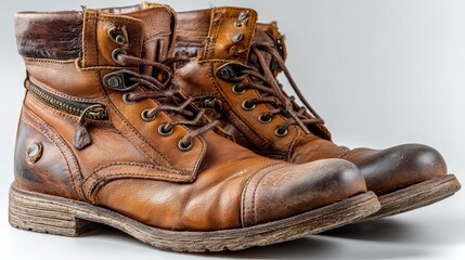 a pair of leather boots on a white isolated background, sturdy and stylish lighting