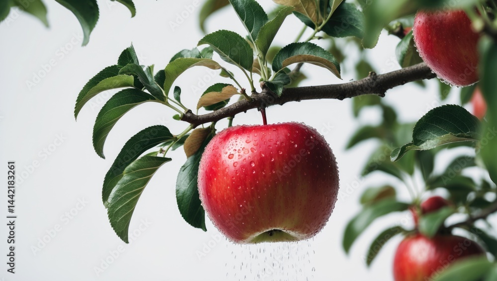 Poster a close-up view of a branch with ripe red apples on a white background, illustrating the concept of 