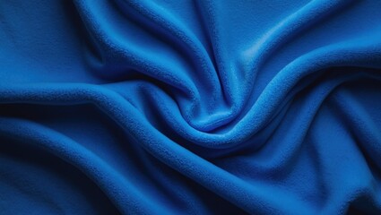 Fototapeta premium Top-down view of crumpled and folded bright blue fleece cloth used as a backdrop
