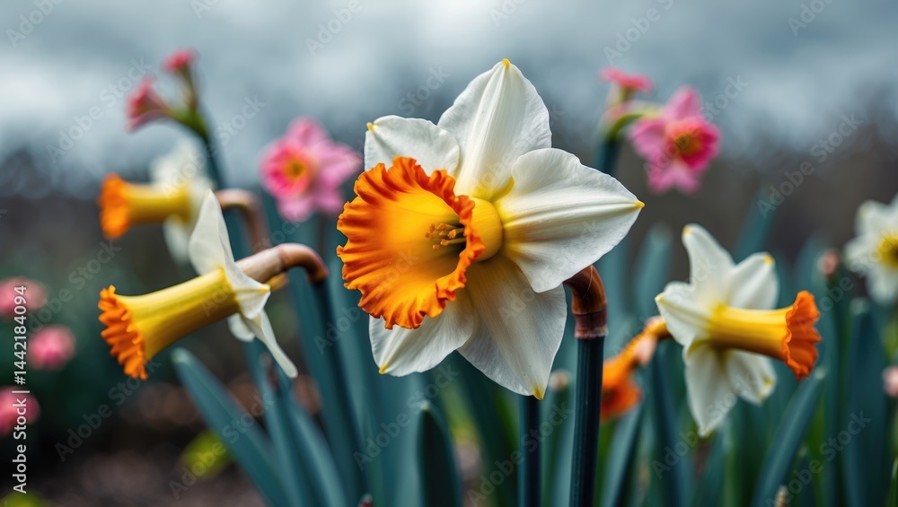 Poster daffodil in orange and white hues set against a cloudy sky background with additional flowers