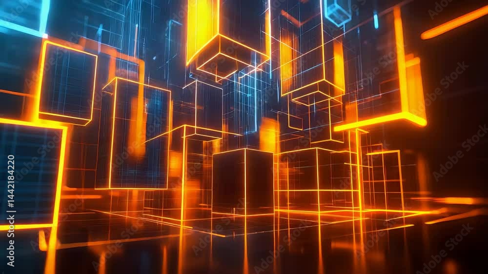 Poster abstract digital grid with neon cubes and glowing lines in modern 3d environment