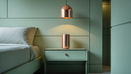 Night table adjacent to sleeping bed featuring a modern lamp