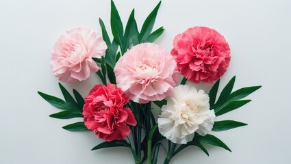 Fototapeta premium Isolated on white, a floral composition with red and white carnations and green foliage