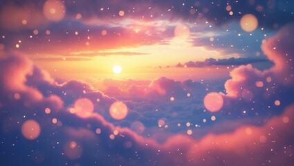 Fototapeta premium Colorful Sunset and Rain Showers in a Blurry Background Above a Dramatic Horizon