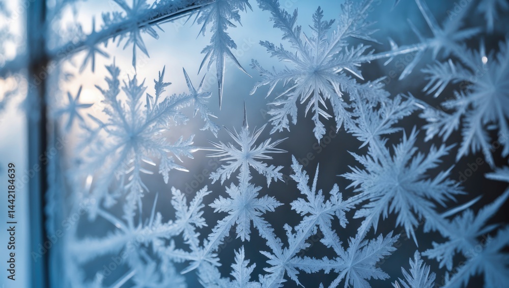 Poster macro shot of ice crystals on a window with a dark blue and white abstract design.