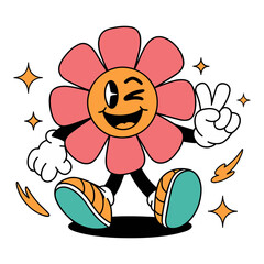 Cheerful cartoon vector flower character walking with peace sign on white background
