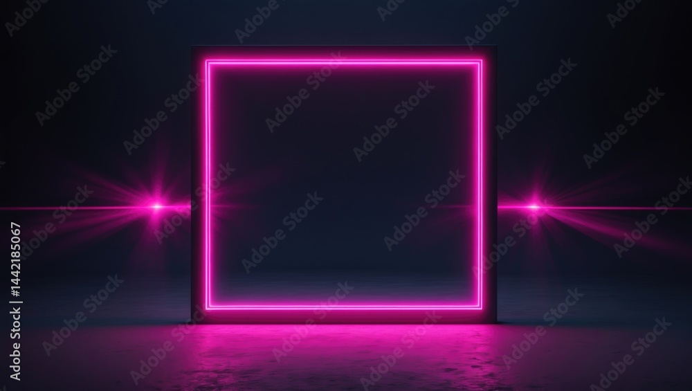 Poster abstract dark space with a blurred fluorescent uv light rectangle and neon frame.