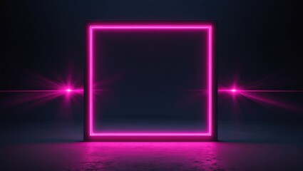 Abstract dark space with a blurred fluorescent UV light rectangle and neon frame.