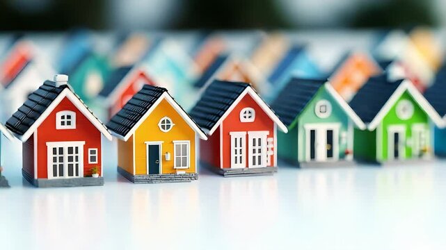 Colorful Toy Houses in a Row with Brightly Painted Roofs and Windows

